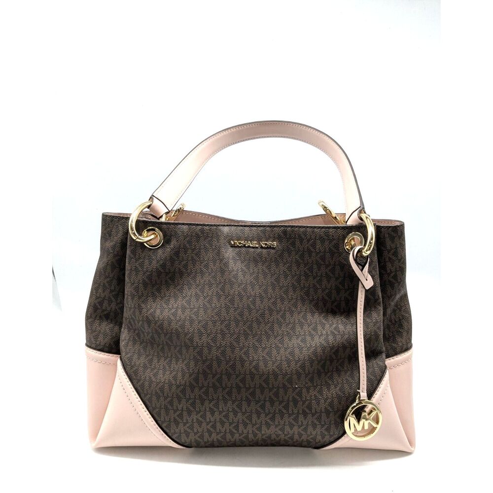 Michael Kors Brown Monogram Coated Canvas Pink Trim Nicole Tote Bag - Picture 2 of 10